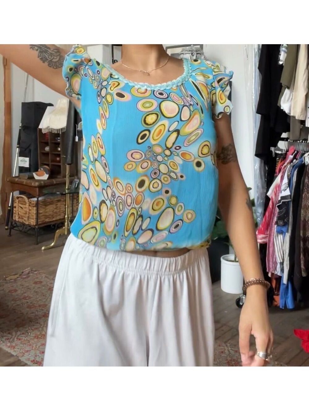 blue patterned top with sequins, size xs - 17-19.5” ptp